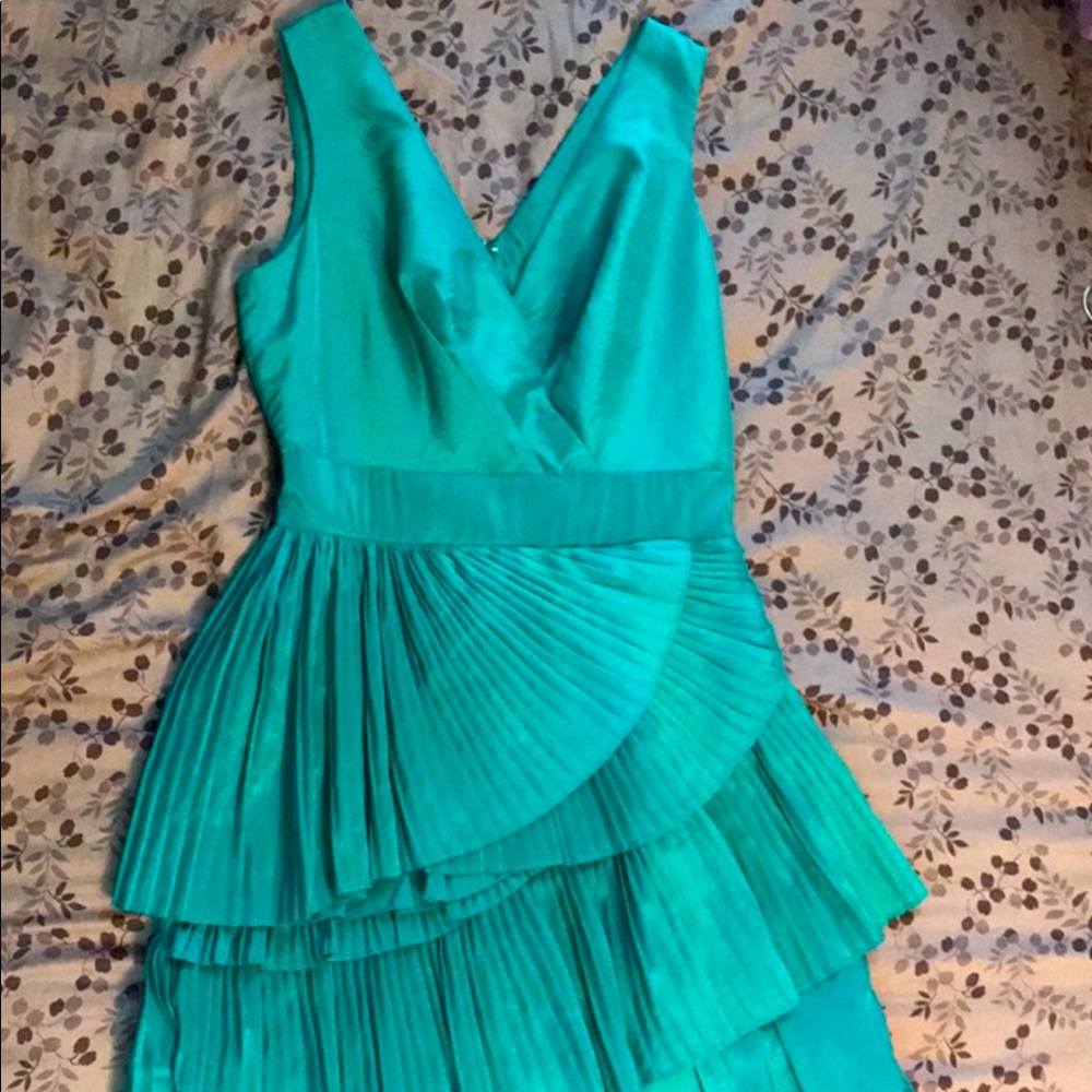 Teal Aqua Taffeta Pleated Tiered Cocktail Dress